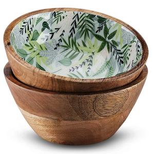 Ensemble en gros de bol de service rond en bois d'acacia avec cuillères à salade présentoir de fruits créatif de l'Inde pour le service des aliments - Product Image 2