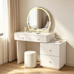 Nouvelle Arrivée : Ensemble Coiffeuse à Tiroirs Texturé Ondulé avec Miroir LED Rond, Meuble Latéral Détachable et Tabouret Cylindrique – Table de Maquillage pour Chambre - Product Image 3