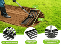 Premium 180 °   Râteau de nivellement de pelouse réglable en acier inoxydable avec manche sectionnel pour jardin, ferme et parcours de golf