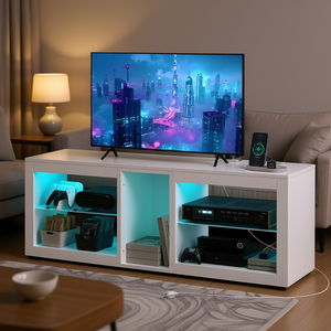 Meuble TV extensible en bois blanc brillant avec éclairage LED et prises de courant, étagères réglables pour téléviseurs de 65 pouces et plus - Product Image 2