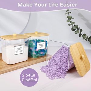 Porta-cialde per bucato in plastica vuota personalizzata con coperchio ed etichette in bambù - Product Image 4