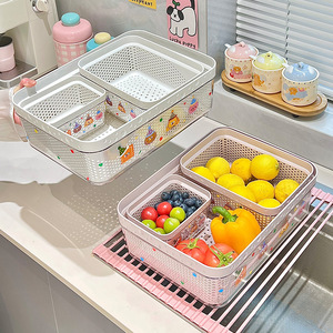 Panier égouttoir double couche pour cuisine, bac de lavage de fruits et légumes, support filtrant à poignée épaissie, plusieurs tailles, en matériau PET - Product Image 1