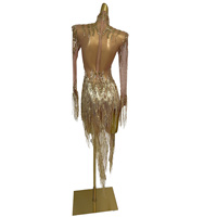 Robe de soirée sexy transparente à franges dorées et strass pour femmes, robe de soirée de club, robe de soirée de banquet, tenue de danseuse, tenue de spectacle