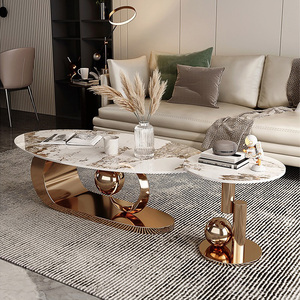 Juego de Mesa de Centro de Piedra Sinterizada de Mármol Moderno de Lujo de 2 Piezas con Marco de Acero Inoxidable Dorado, Muebles de Sala de Estar de Lujo Ligero - Product Image 1