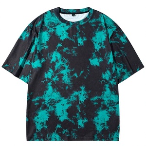 Camiseta de Manga Corta para Hombre, Talla Grande, Color Negro y Verde Azulado, Estampado Tie Dye, Transpirable, Tejido de Punto, Diseño Casual con Cuello Redondo - Product Image 1