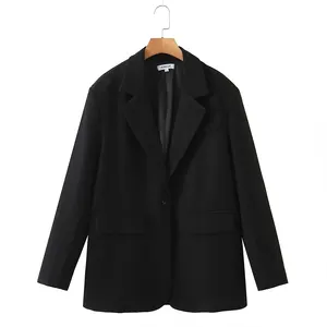 带缺口的领口超大设计时尚单扣黑色女士夹克女性时尚运动夹克