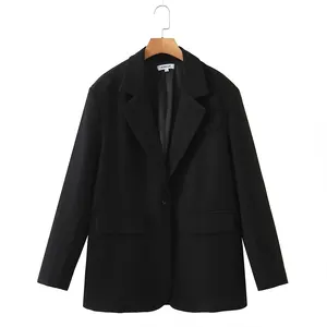 Notched Kraag Oversized Ontwerp Mode Enkele Knop Zwarte Kleur Dames Jas Vrouwen Mode Blazer