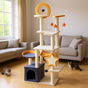 Árbol para gatos de 63 pulgadas, color beige, con diseño de luna y estrellas, con poste rascador, hamaca, cama tipo condominio y juguetes para gatos, para uso en interiores. - Product Image 2