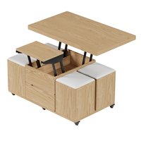 Table Basse Moderne en Bois Relevable et Pliable avec 4 Tabourets et Rangement pour Salon, Meuble Personnalisable