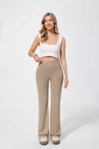 High Waist Flared Leg Yoga Pants Solid Color Full Length Seamless Elastic Waist <b>Stretchy</b> <b>Fabric</b> - Product Image 1
