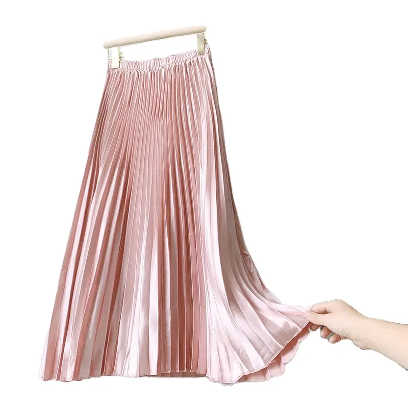 New Style Solid Color Breathable Fashion High -waist satin -colored Retro Women's Pleated Skirt