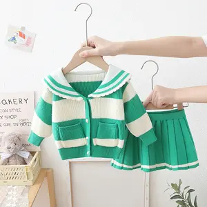 New arrival fashion long sleeve pattern blouse skirt children cloth top& skirt girl clothing set with solid flower