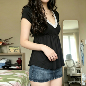 <b>White</b> <b>Lace</b> Black Short Sleeve Sexy Club T-Shirt Summer New Arrival V-Neck Regular Fit Plus Size Casual Commute Anti-UV Quick Dry - Product Image 4