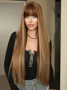 Peluca de Fibra Sintética Resistente al Calor de 28 Pulgadas, Extra Larga, Lisa, con Flequillo para Mujer, Color Rubio Miel, Aspecto Natural, Sin Pegamento - Product Image 4