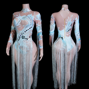 Exclusivo Body de Spandex/Algodón con Estampado de Tinta Acuática y Pedrería, Cuello Alto, Vestido de Baile con Flecos Largos, Ropa Profesional para Espectáculos - Product Image 2