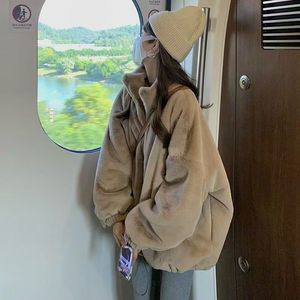 Fleece Jacket Women Winter Thick Loose Fit Zip-Up Hooded Coat Khaki Off-White Full Sleeve Cotton Filling - Product Image 4
