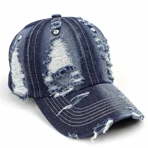 Özel tasarım moda Unisex kot malzeme 6 Panel sıkıntılı tarzı yapılandırılmamış şapka