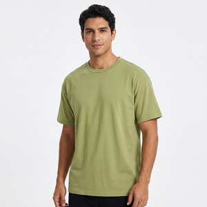 T-shirt en coton à manches courtes vert olive pour homme, coupe classique, col rond, couleur unie, jersey tricoté, décontracté - Product Image 1