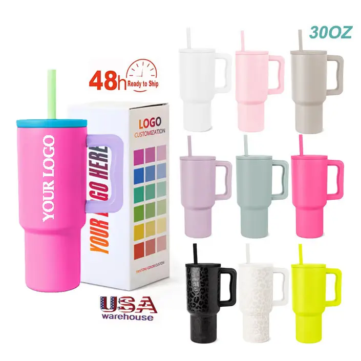 Travel Mug Insulated Cup Reusable Stainless Steel Water Bottle Modern 30 oz Tumbler with Handle and Straw Lid