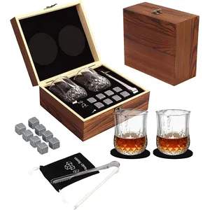 In Stock Custom Logo, Granite Chilling Liquor Rocks Whiskey Glass Set In Wooden Gift Box For Birthday Wedding/