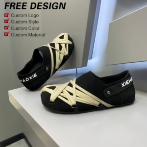 Sandalias Planas de PU Negras Personalizadas <span class=keywords><strong>a</strong></span> la Moda, con Tiras Cruzadas Tejidas y Suelas de Goma Antideslizantes - Product Image 1