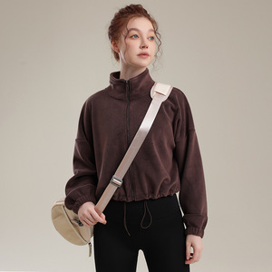 Veste de sport en <span class=keywords><strong>polaire</strong></span> pour <span class=keywords><strong>femme</strong></span>, coupe-vent, en polyester/nylon, haut de yoga, <span class=keywords><strong>pull</strong></span> de fitness ample à cordon de serrage, à manches longues, couleur unie - Product Image 1