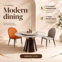 Ensemble table et chaises de salle à manger en marbre de luxe léger, structure en acier au carbone, usage domestique, appartement compact, design moderne minimaliste, circulaire