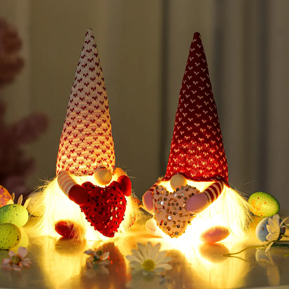 LED Light Valentines Gnome Plush Elf Doll Decorations Handmade Pink Red Love Heart Valentines Day Gifts San Valentin