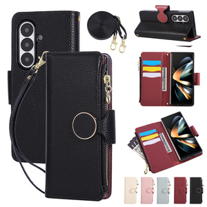Funda tipo cartera para Samsung Galaxy Z Fold3 4 5 6 <span class=keywords><strong>7</strong></span> para mujer, con correa cruzada, funda de cuero con tapa y soporte para Fold 8 - Product Image 1