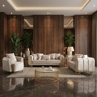 Canapé de salon moderne de luxe, durable, à coins carrés, rembourré en mousse, en tissu confortable, avec structure en acier inoxydable doré – Offre Spéciale