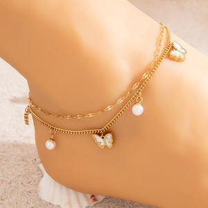 Stainless Steel <b>Anklet</b> With Pearl And Butterfly Pendant 18K <b>Gold</b> Plated Foot Ornament Summer 2025 Gift Jewelry - Product Image 2