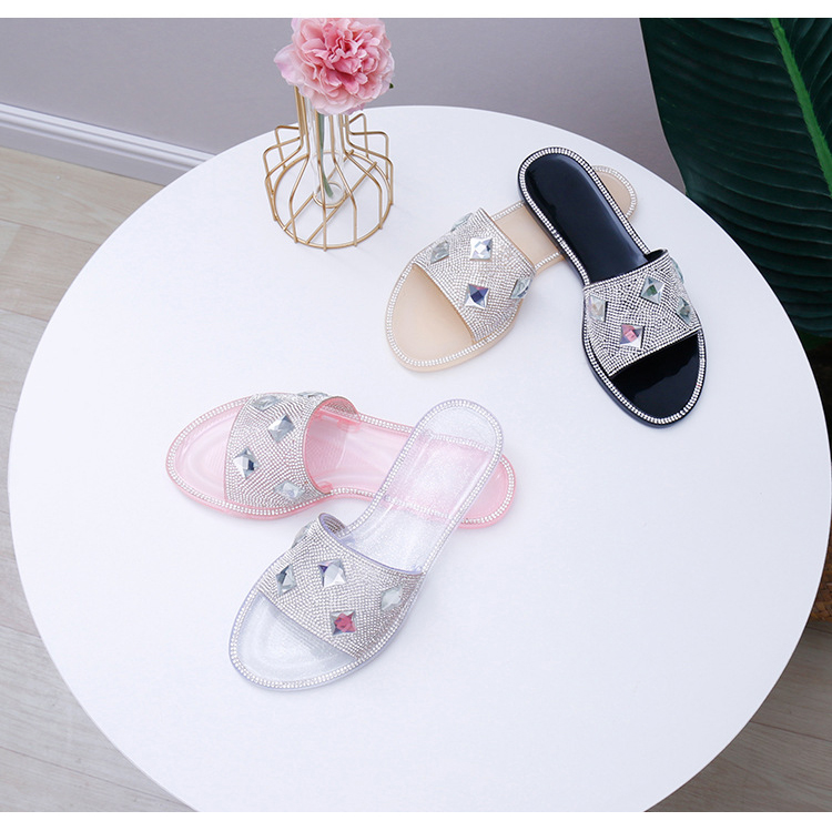 Summer Beach Slippers Ladies Crystal Rhinestone Sandals Women PVC Flat Slides Shoes