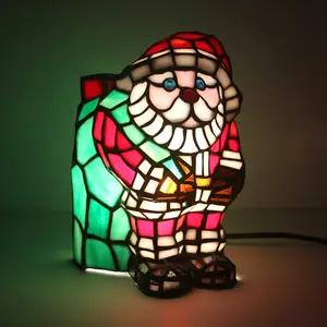 LongHuiJing-lámpara de mesa iluminada de estilo Tiffany, vitral de Navidad, cabeza Bobble, Santa