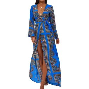 Custom Fancy Blue Gedrukt Sexy V-hals Lange Mouwen Open Voorzijde Belted Satijn Vrouwen Kimono Maxi Jurk