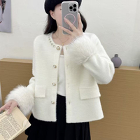 Nouveau cardigan en tricot style tweed pour femme, à manches longues, avec des détails perlés et des plumes, nouvelle veste en tricot pour femme pour l'automne