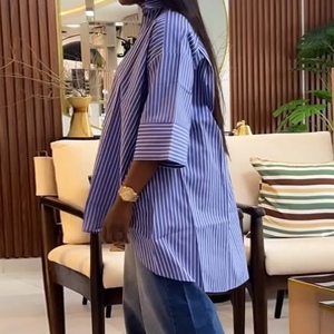 Camisa de manga larga a rayas azules para mujer, top holgado a la moda - Product Image 3