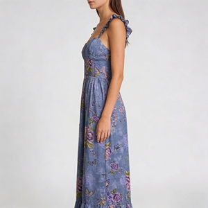 Vestido largo maxi floral personalizado con <span class=keywords><strong>mariposas</strong></span> <span class=keywords><strong>para</strong></span> <span class=keywords><strong>mujer</strong></span>, cuello cuadrado, tirantes con volantes, corsé, línea A, estilo casual elegante de verano, vestido afgano. - Product Image 2