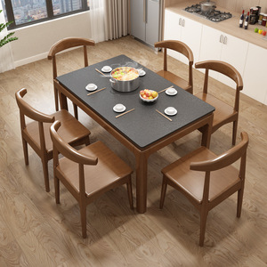 Mesa de comedor rectangular de mármol estilo nórdico con juego de 6 sillas de madera maciza para apartamentos pequeños. - Product Image 1