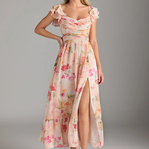 Vestido Maxi Transpirable de Tela Lyocell con Cuello Corazón, Mangas con Volantes y Cintura Elástica, Estampado Floral Abstracto, Venta al por Mayor - Product Image 1