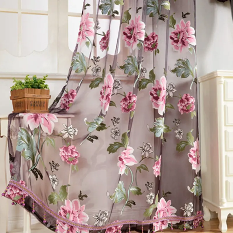Precio de fábrica europeo impreso mariposa flor bordado pura Floral Rosa cortinas para sala de estar