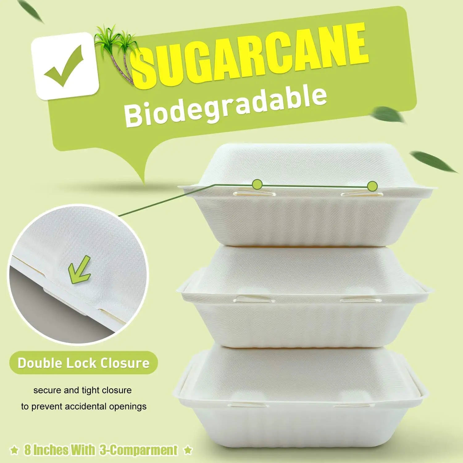 100% Contenants alimentaires à emporter à clapet compostables [8x8 "3 compartiments 100-Pack] Conteneurs robustes de qualité à emporter