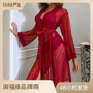 Manches longues transparent Sexy Lingerie femmes dentelle maille nuit jarretelle jupe chemise de nuit trois pièces ensemble - Product Image 4