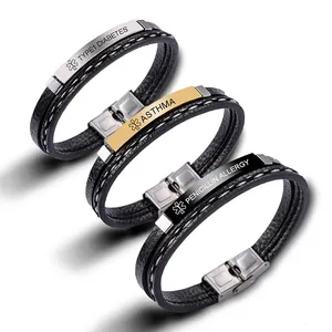 Nhiều lớp dệt Da Vòng đeo tay cá nhân khắc y tế cảnh báo thép không gỉ Bangle dây đeo cổ tay