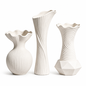 Set di 3 Vasi <span class=keywords><strong>in</strong></span> Ceramica Bianchi Scanalati, Vasi Wabi Sabi per <span class=keywords><strong>Fiori</strong></span> Secchi, Decorazione per Casa e Centrotavola - Product Image 1