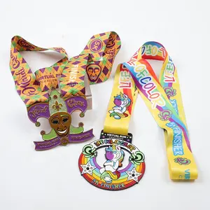 Glitter Medallas Wholesale Custom Made Crystal Diamond Gold Plated Metal Medals with Sublimated Ribbon