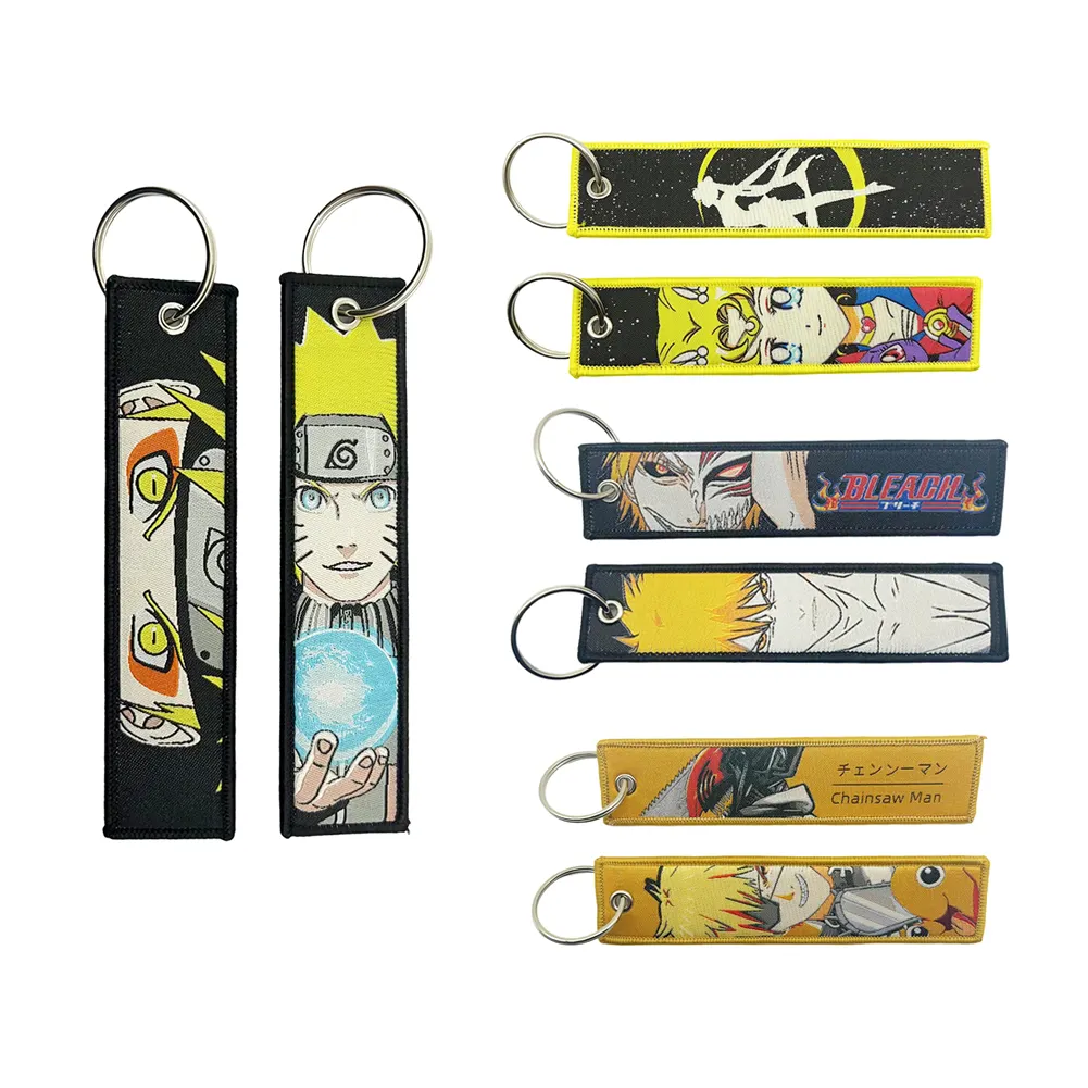 Custom Woven Logo Jet Tag Key Chain Sublimation Fabric Keychain Motorcycle Car Anime Key Tags