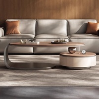 Table basse ovale en bois massif de luxe léger, style villa, pour salon, design haut de gamme, couleur noyer, cuir
