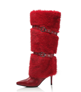 Nouvelles Bottes <span class=keywords><strong>Femme</strong></span> Hiver-Été au-dessus du Genou, Fermeture Éclair, <span class=keywords><strong>Talon</strong></span> Aiguille Super Haut, Dessus en Fourrure Moelleuse, Bout Pointu, Tendance - Product Image 4
