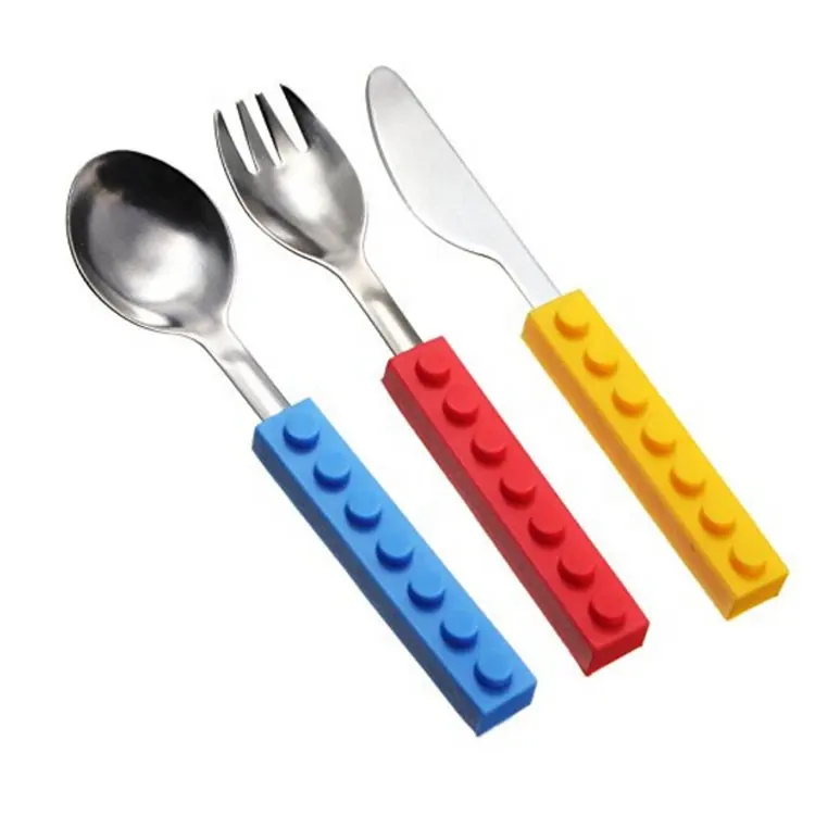 Posate per bambini in Silicone, Set di utensili per mattoni ad incastro con coltello a forchetta per bambini