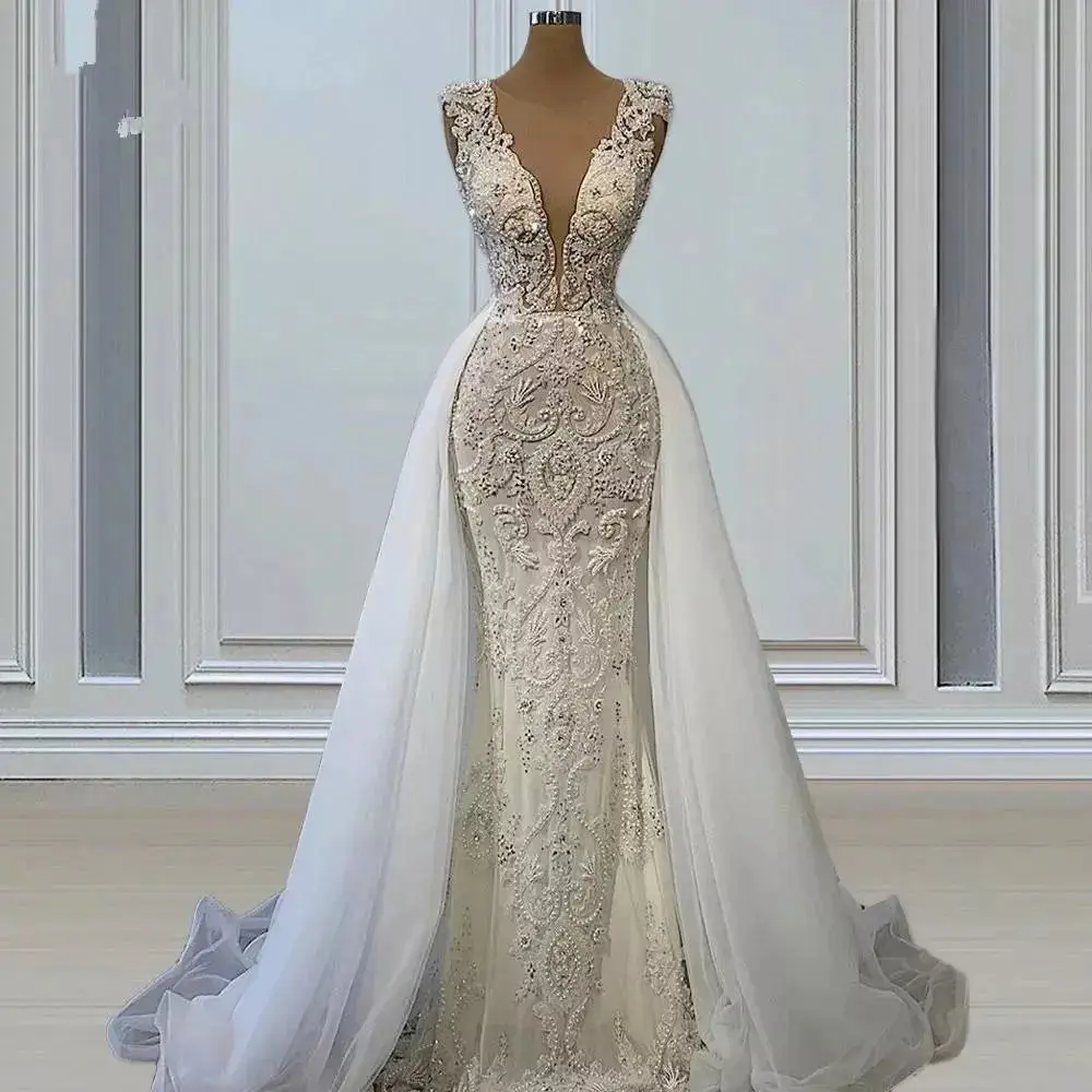 ZX-213 individuell gemachte Braut abnehmbares Hochzeitsballkleid im V-Ausschnitt besticktes Spitzen-Seenjungfrau-Hochzeitskleid